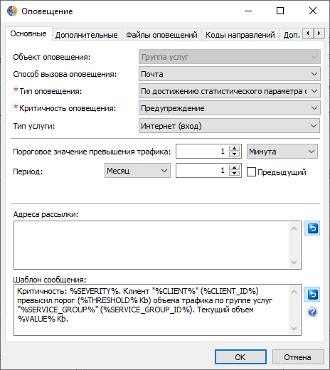 Форма создания оповещения Форма создания оповещения